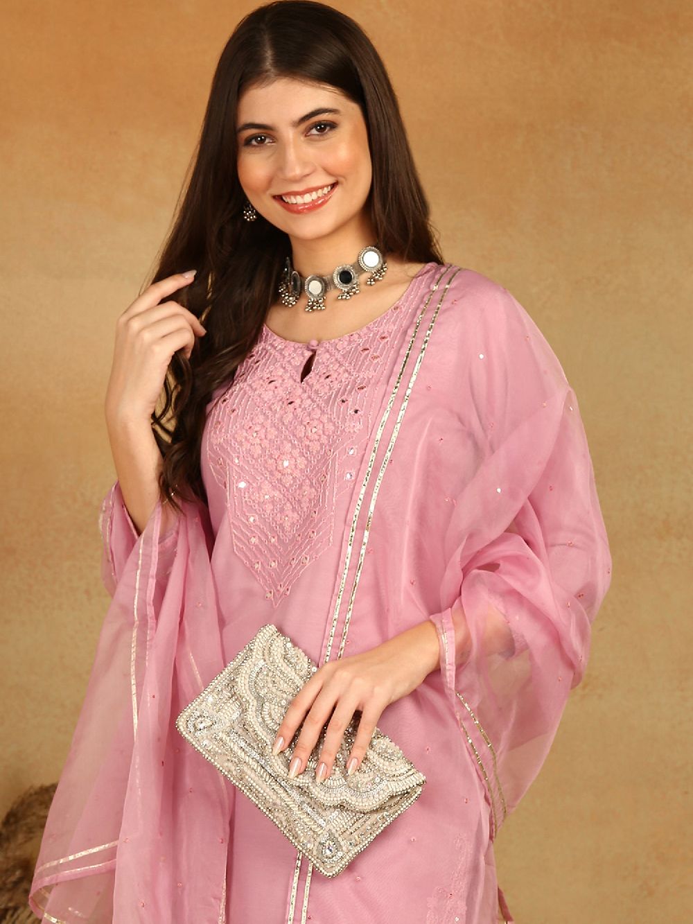 Pink Silk Blend Solid Yoke Design Straight Kurta Trouser With Dupatta