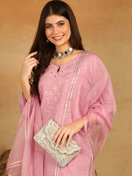 Pink Silk Blend Solid Yoke Design Straight Kurta Trouser With Dupatta