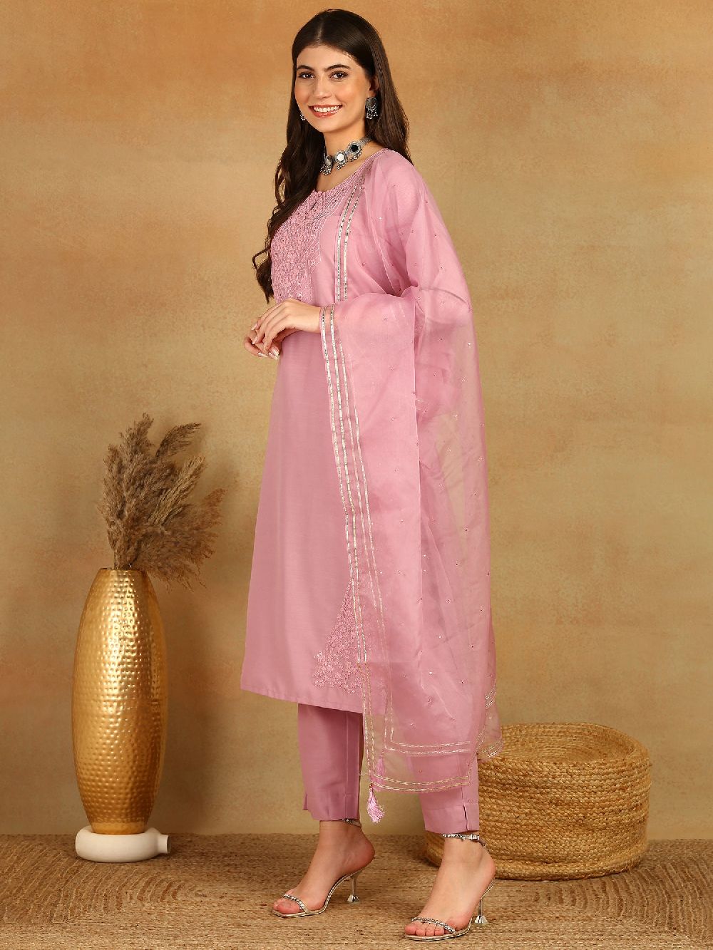 Pink Silk Blend Solid Yoke Design Straight Kurta Trouser With Dupatta