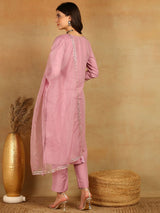 Pink Silk Blend Solid Yoke Design Straight Kurta Trouser With Dupatta