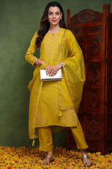 Mustard Yellow Silk Blend Solid Yoke Design Straight Suit Set