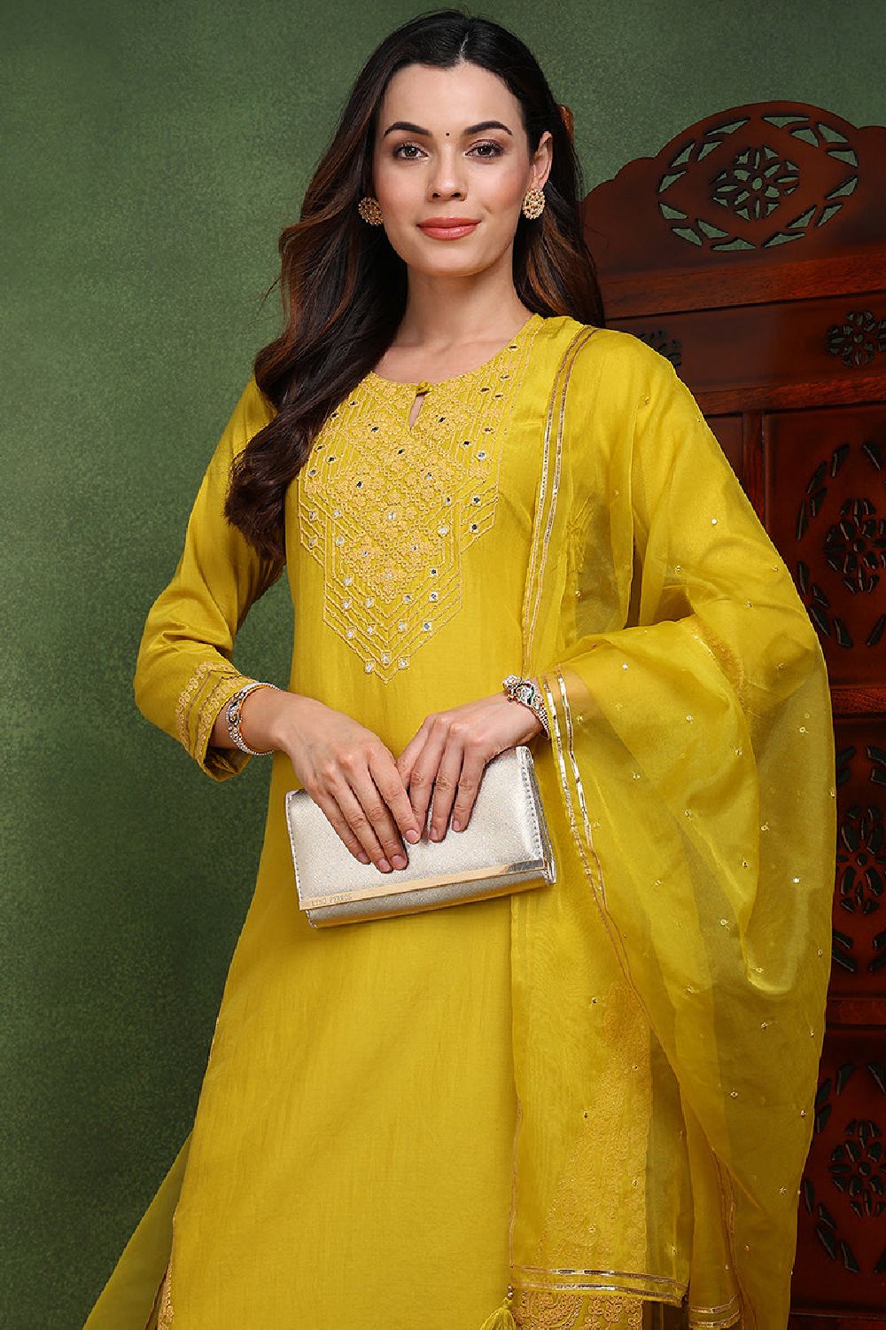 Mustard Yellow Silk Blend Solid Yoke Design Straight Suit Set