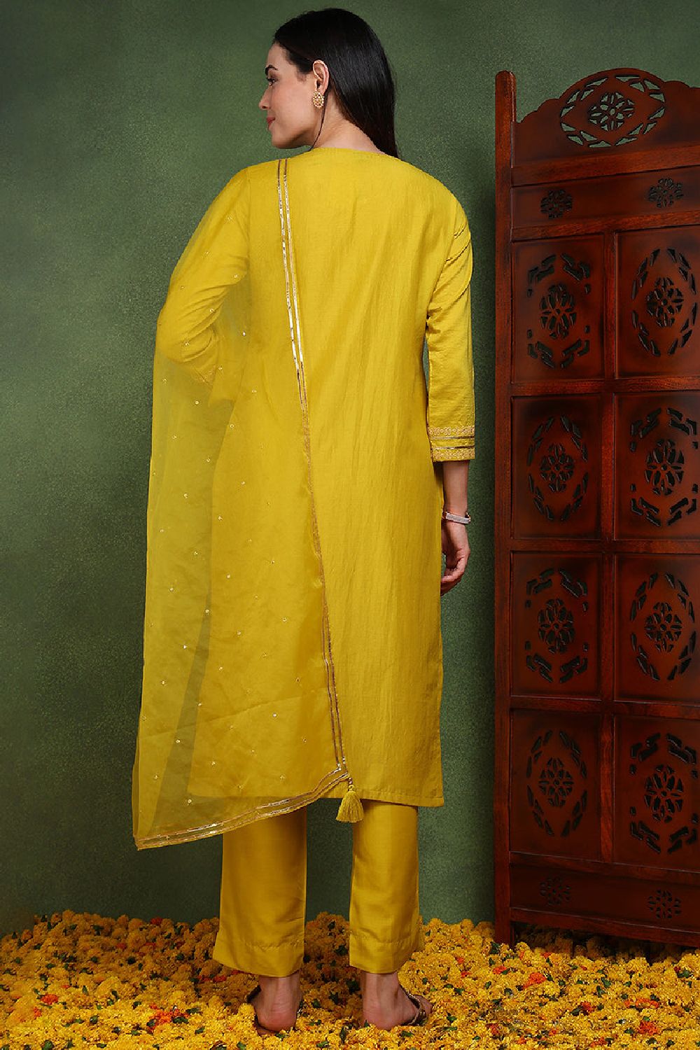 Mustard Yellow Silk Blend Solid Yoke Design Straight Suit Set