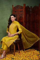 Mustard Yellow Silk Blend Solid Yoke Design Straight Suit Set