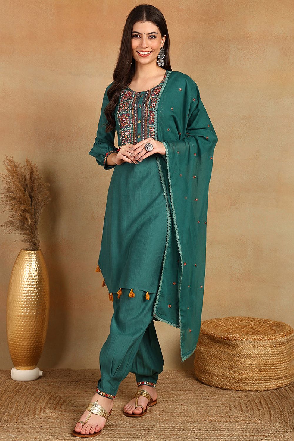 Teal Green Embroidered Viscose Rayon Straight Salwar Style Suit Set