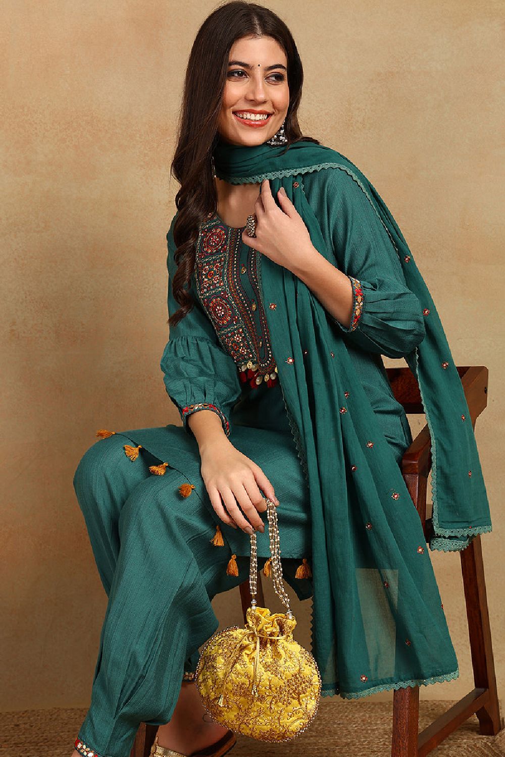 Teal Green Embroidered Viscose Rayon Straight Salwar Style Suit Set