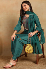 Teal Green Embroidered Viscose Rayon Straight Salwar Style Suit Set