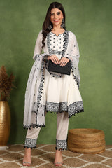 White Silk Blend Embroidered Thread Work A Line Trouser Suit Set