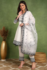 White Silk Blend Embroidered Thread Work A Line Trouser Suit Set