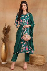 Green Polyester Floral Printed Straight Cut Pant Suit Set