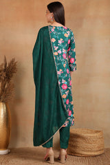 Green Polyester Floral Printed Straight Trouser Suit Set