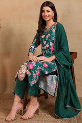 Green Polyester Floral Printed Straight Cut Pant Suit Set