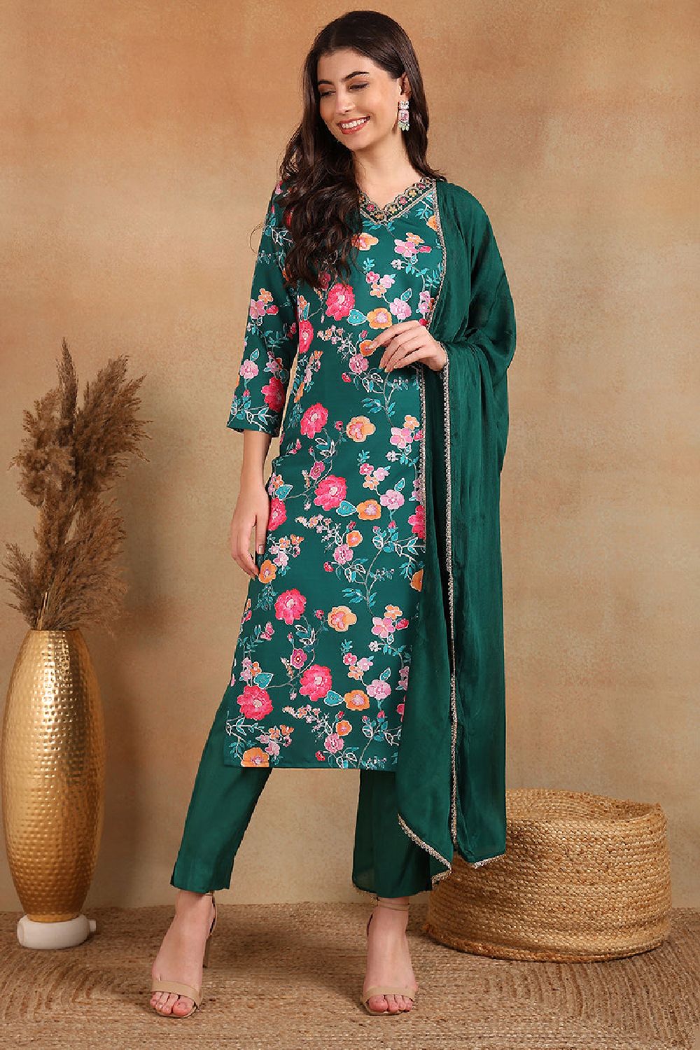 Green Polyester Floral Printed Straight Trouser Suit Set