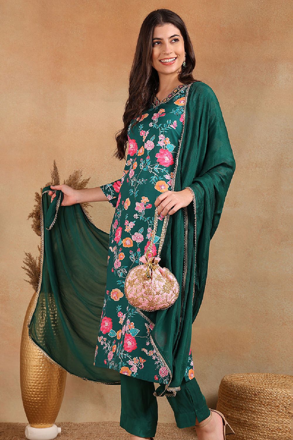 Green Polyester Floral Printed Straight Cut Pant Suit Set