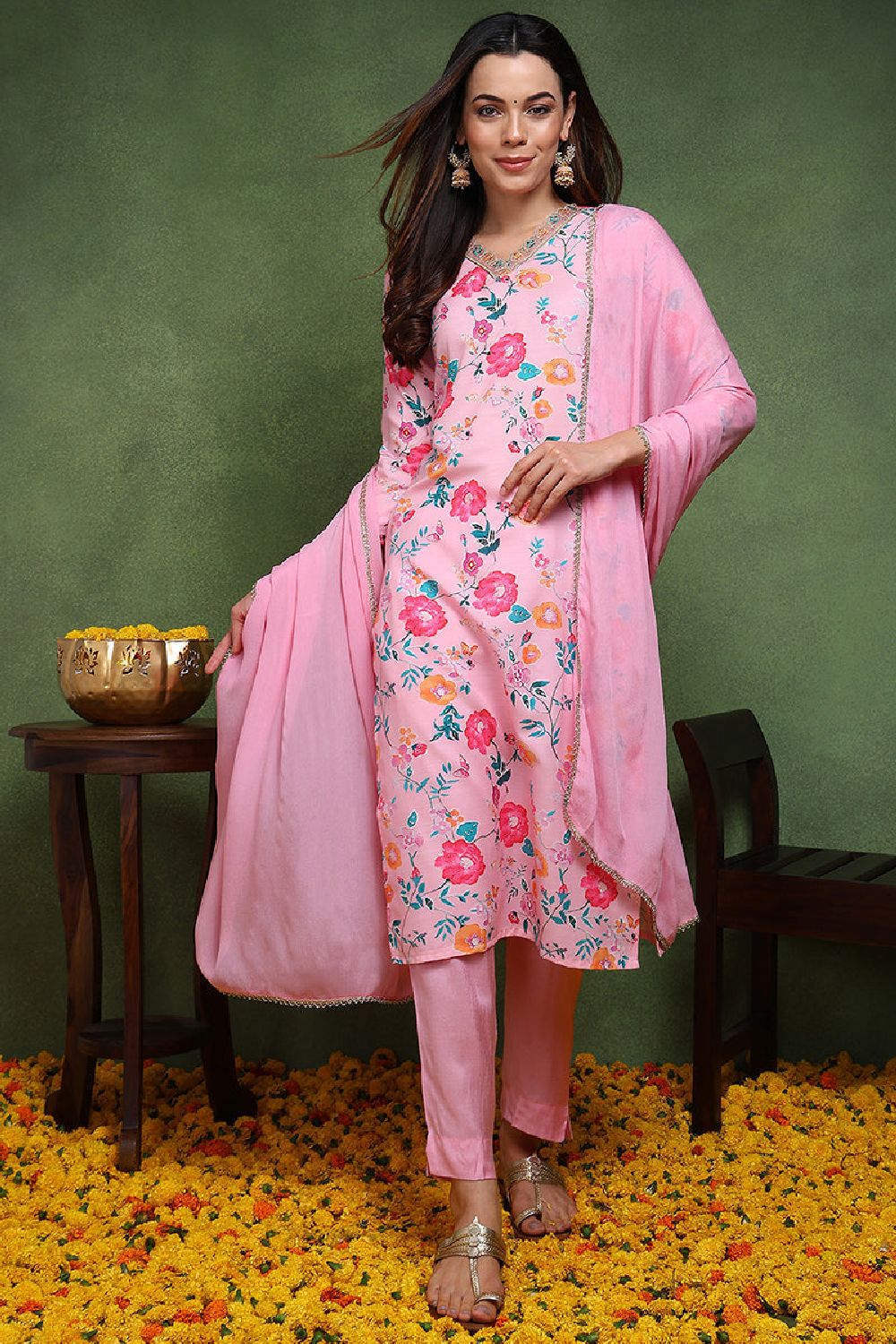 Pink Cotton Blend Floral Printed Straight Suit Set