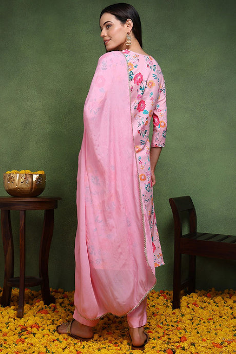 Pink Cotton Blend Floral Printed Straight Suit Set