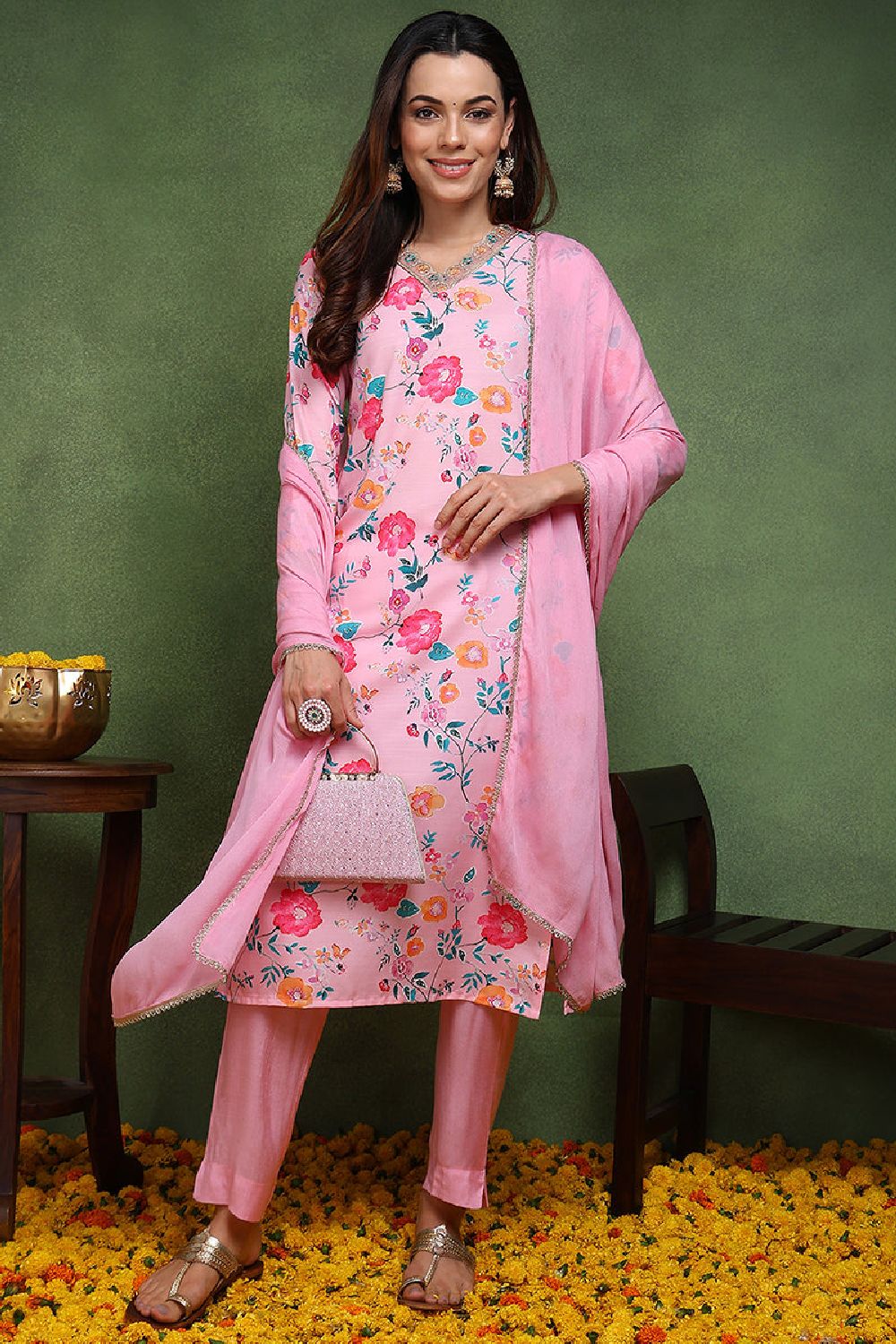 Pink Cotton Blend Floral Printed Straight Suit Set