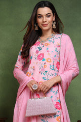 Pink Cotton Blend Floral Printed Straight Suit Set