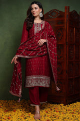 Maroon Silk Blend Solid Embroidered Straight Suit Set