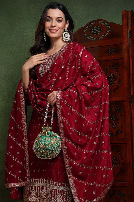 Maroon Silk Blend Solid Embroidered Straight Suit Set