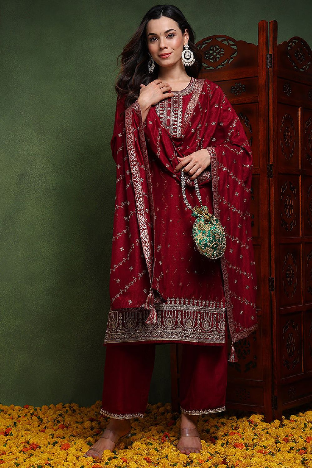 Maroon Silk Blend Solid Embroidered Straight Suit Set