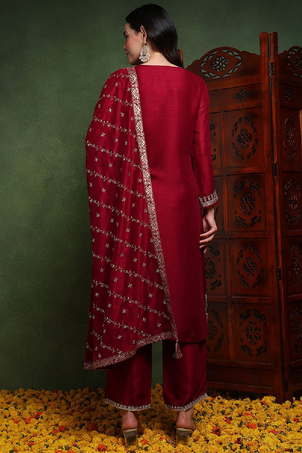 Maroon Silk Blend Solid Embroidered Straight Suit Set