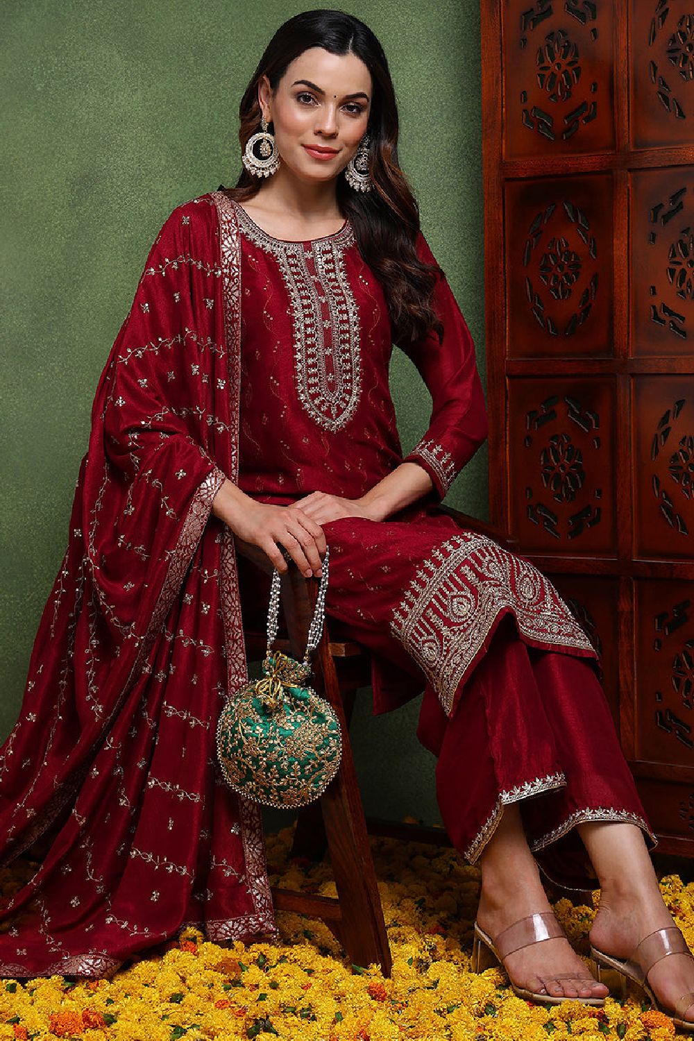 Maroon Silk Blend Solid Embroidered Straight Suit Set