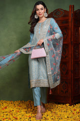 Blue Viscose Rayon Woven Design Embroidered Straight Suit Set