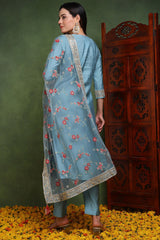 Blue Viscose Rayon Woven Design Embroidered Straight Suit Set