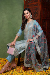 Blue Viscose Rayon Woven Design Embroidered Straight Suit Set