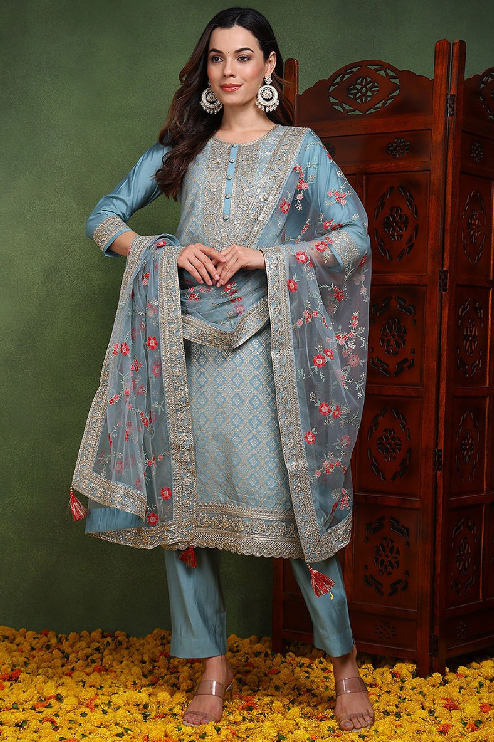 Blue Viscose Rayon Woven Design Embroidered Straight Suit Set