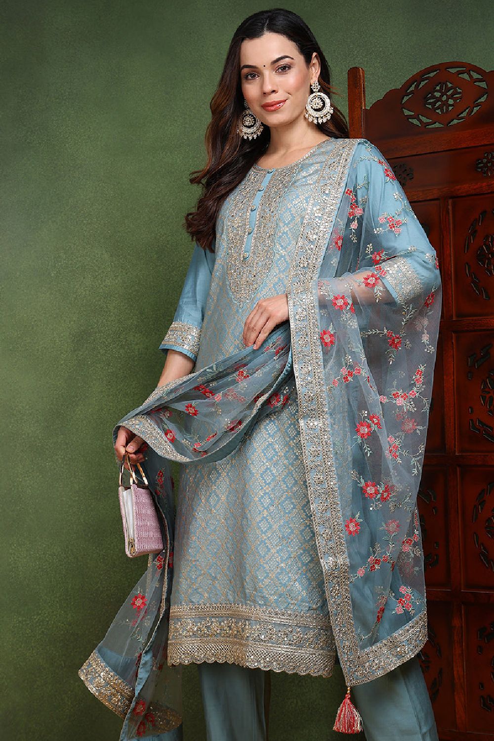 Blue Viscose Rayon Woven Design Embroidered Straight Suit Set