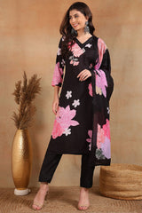 Black Cotton Blend Floral Printed Straight Trouser Suit Set