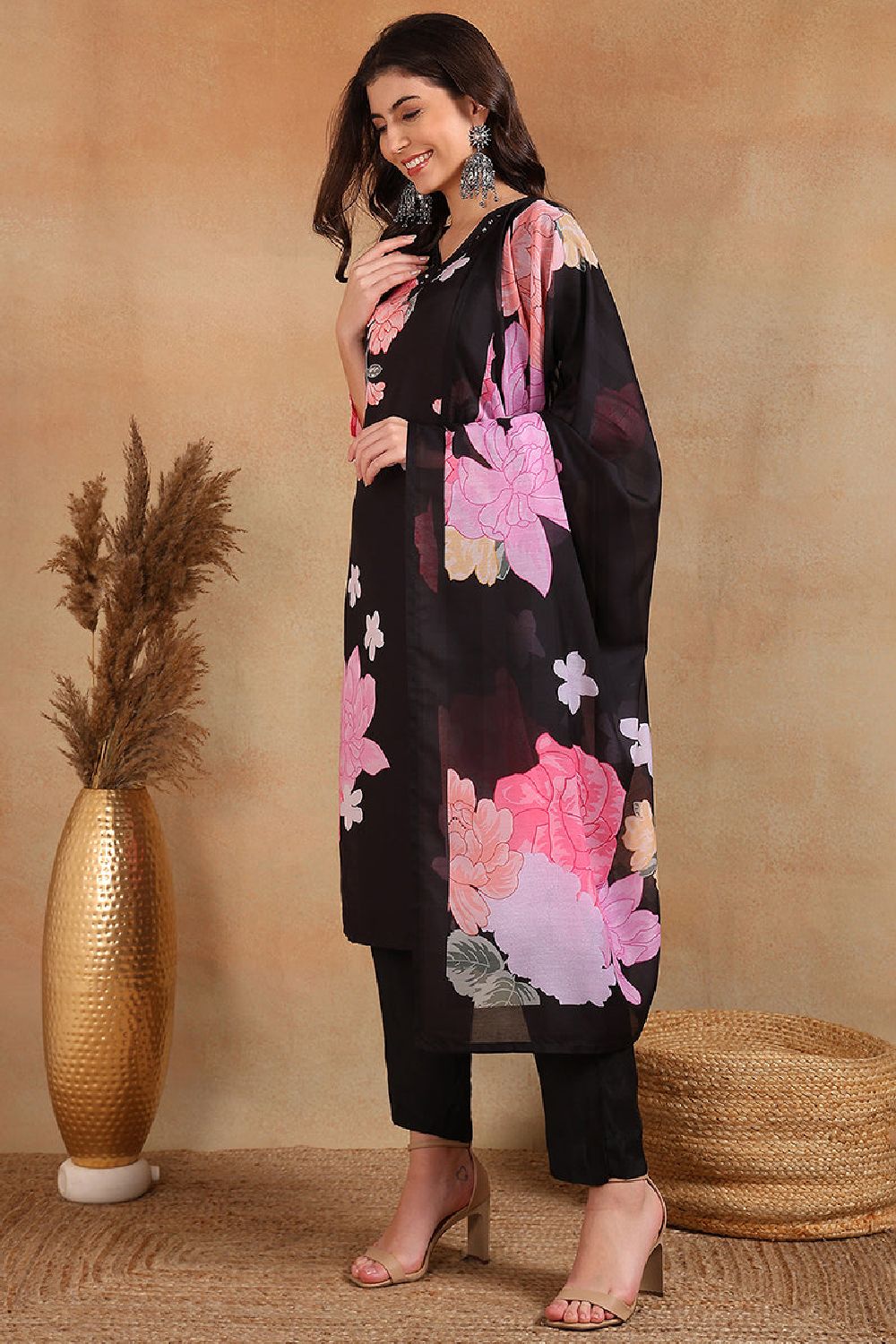 Black Cotton Blend Floral Printed Straight Trouser Suit Set