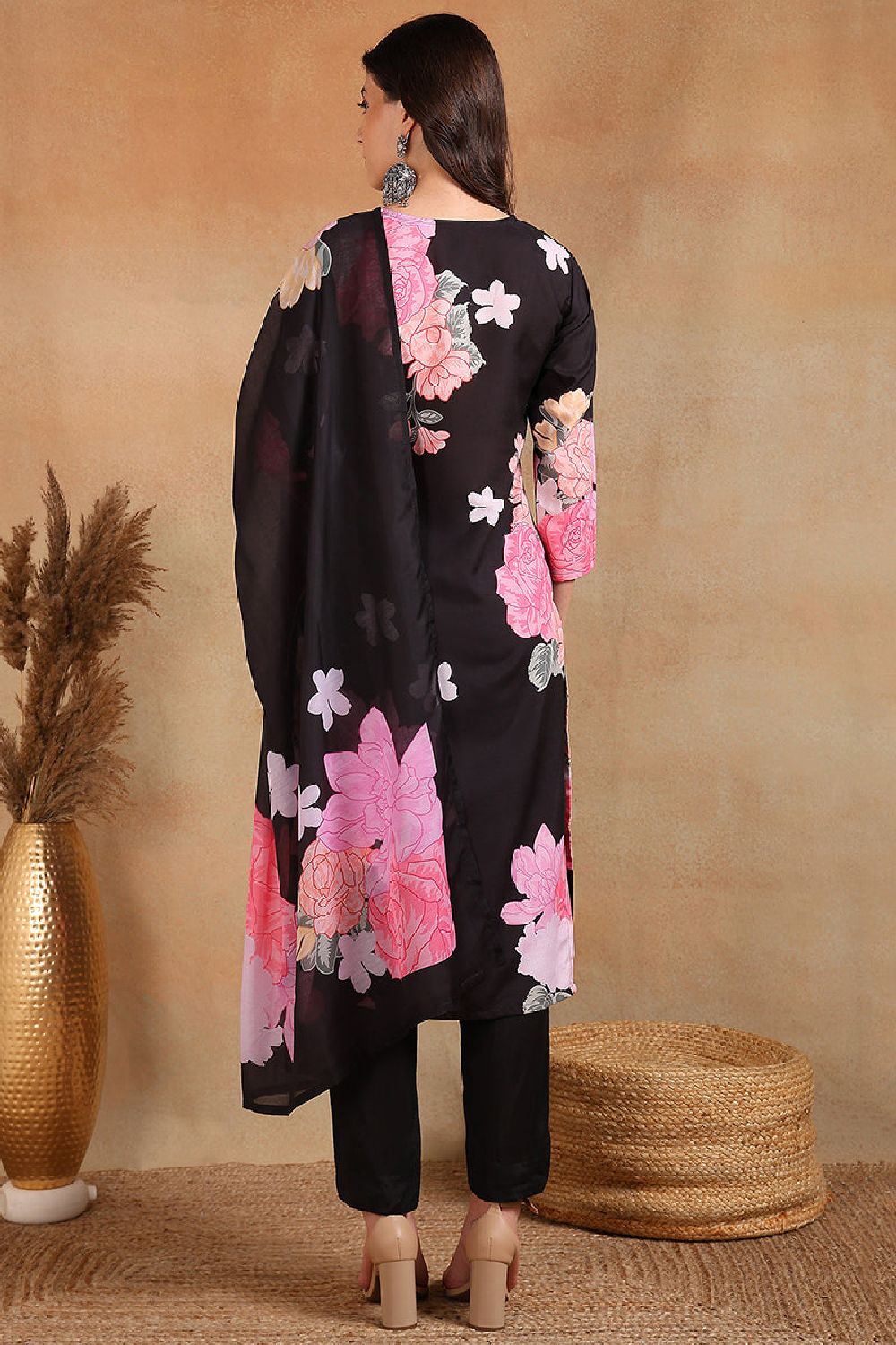 Black Cotton Blend Floral Printed Straight Trouser Suit Set