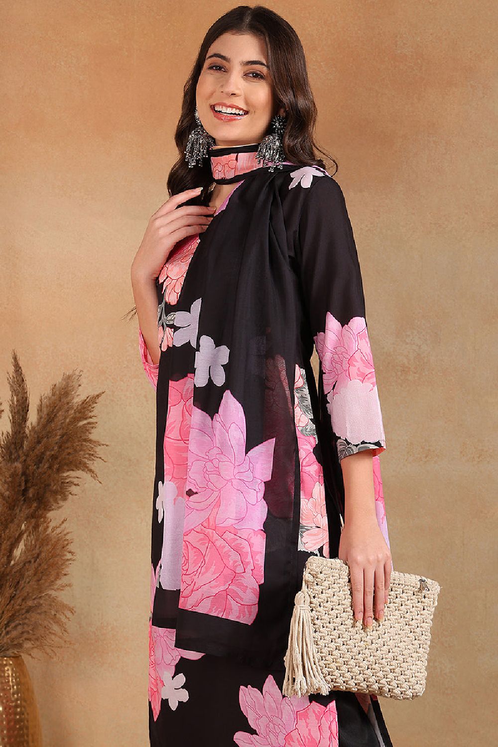 Black Cotton Blend Floral Printed Straight Trouser Suit Set