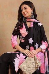 Black Cotton Blend Floral Printed Straight Trouser Suit Set