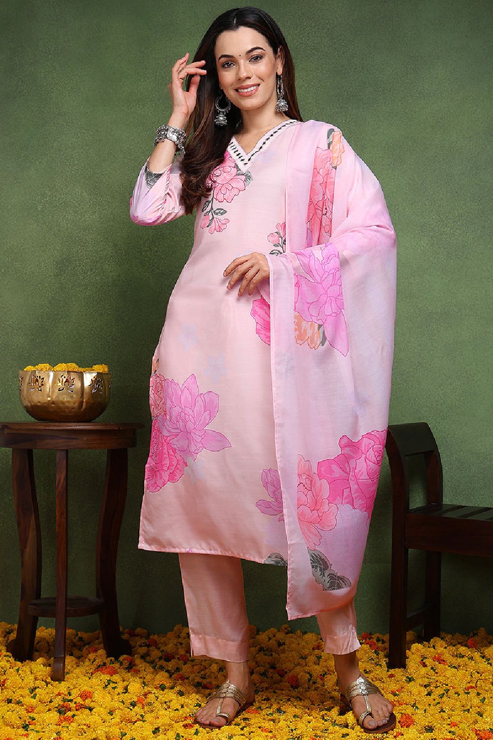 Cream Cotton Blend Floral Printed Straight Suit Set