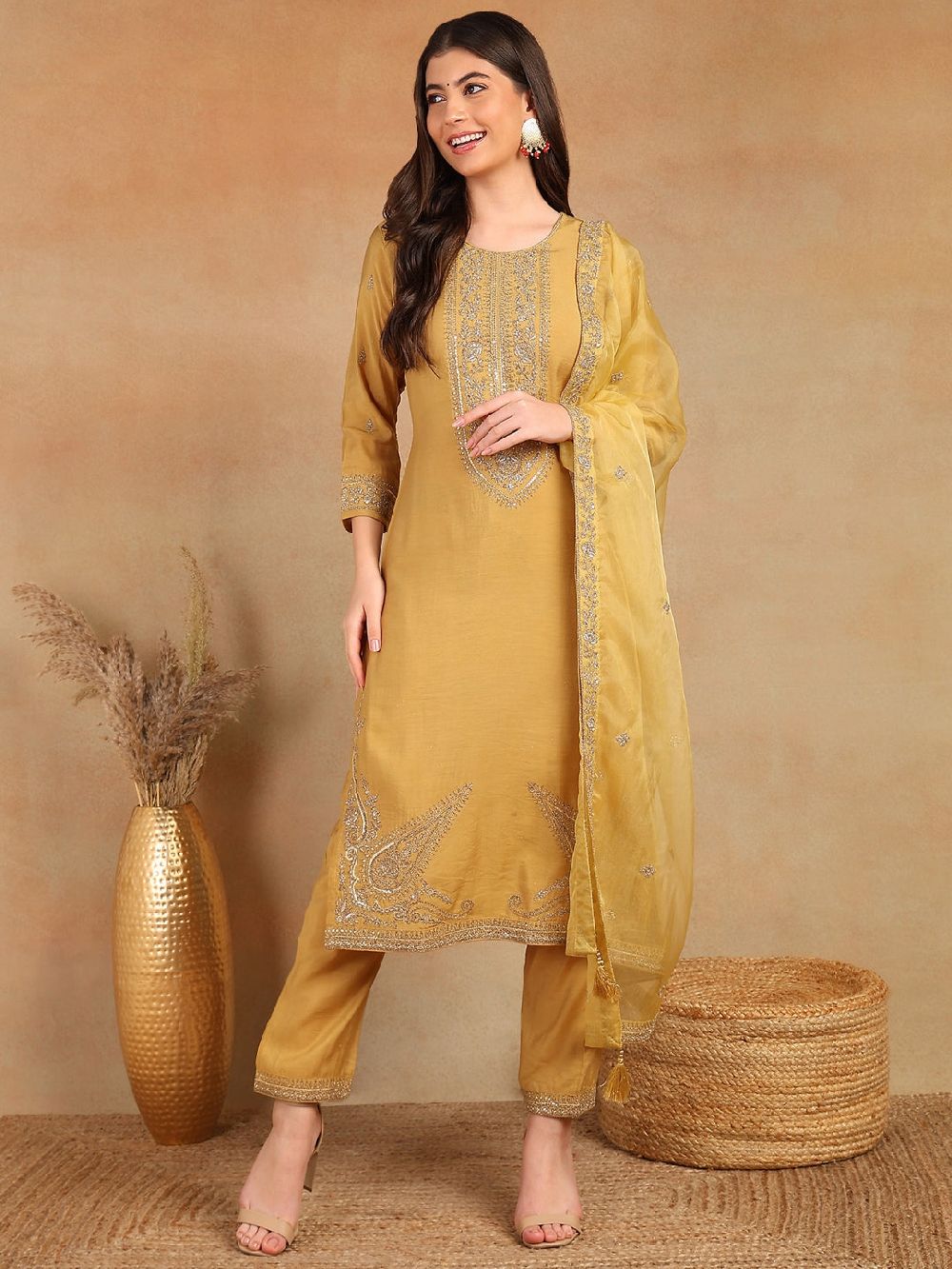 Gold Silk Blend Solid Embroidered Straight Kurta Trouser With Dupatta