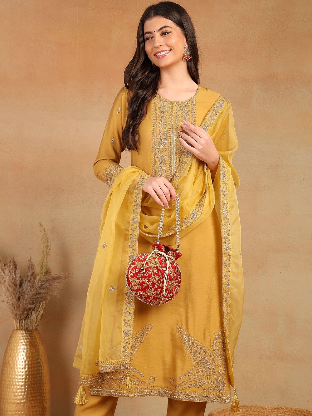 Gold Silk Blend Solid Embroidered Straight Kurta Trouser With Dupatta