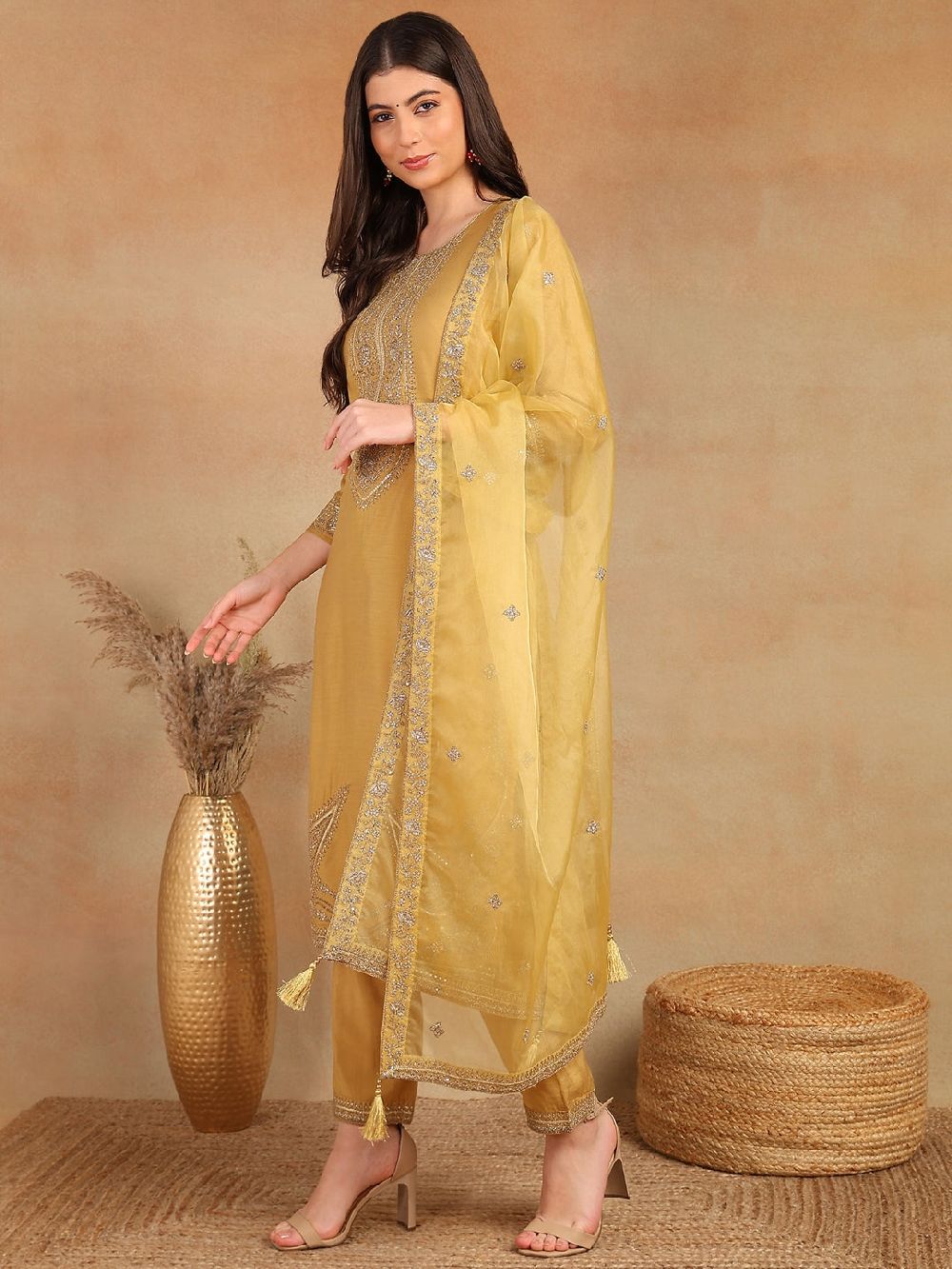 Gold Silk Blend Solid Embroidered Straight Kurta Trouser With Dupatta