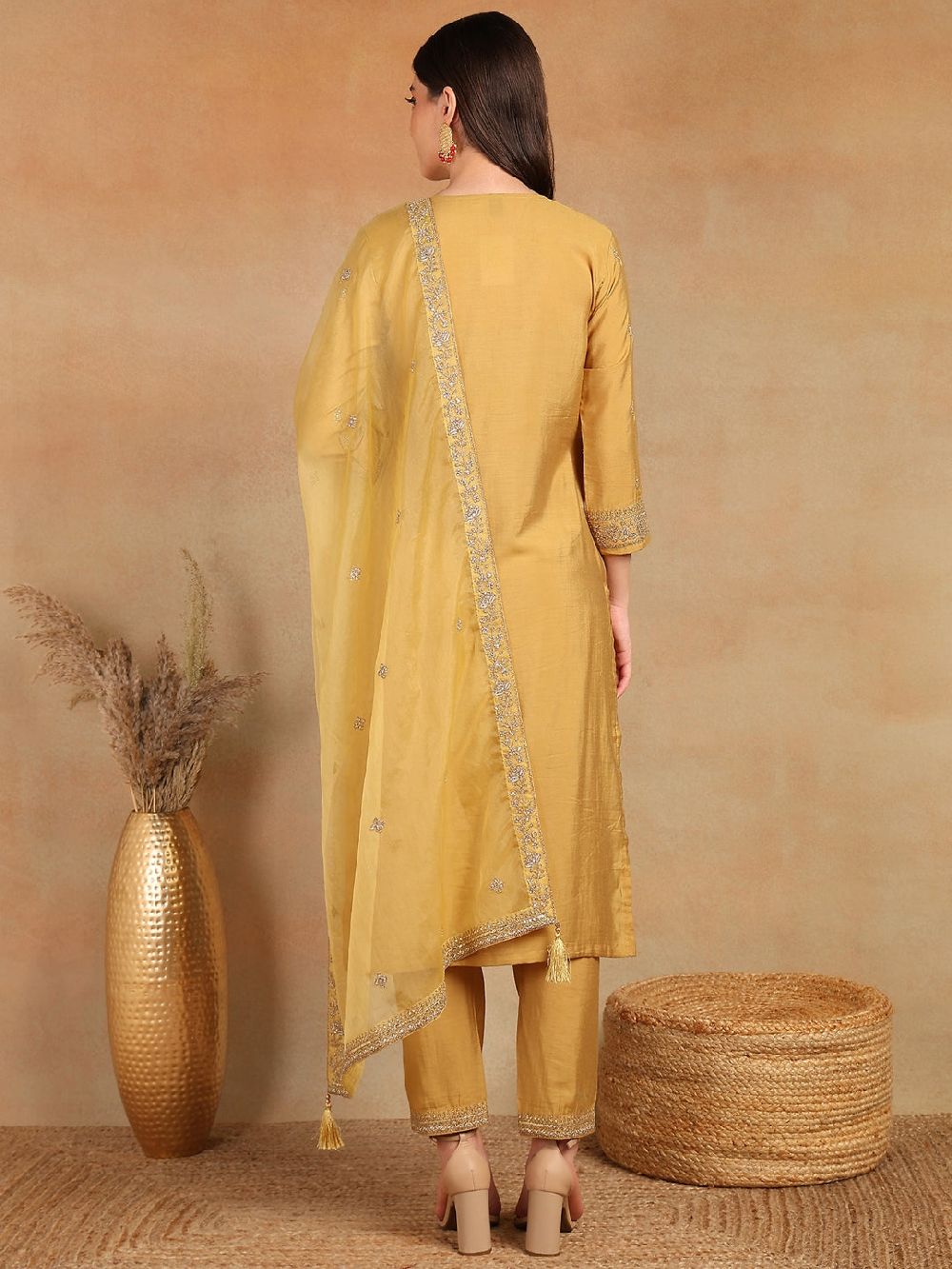 Gold Silk Blend Solid Embroidered Straight Kurta Trouser With Dupatta