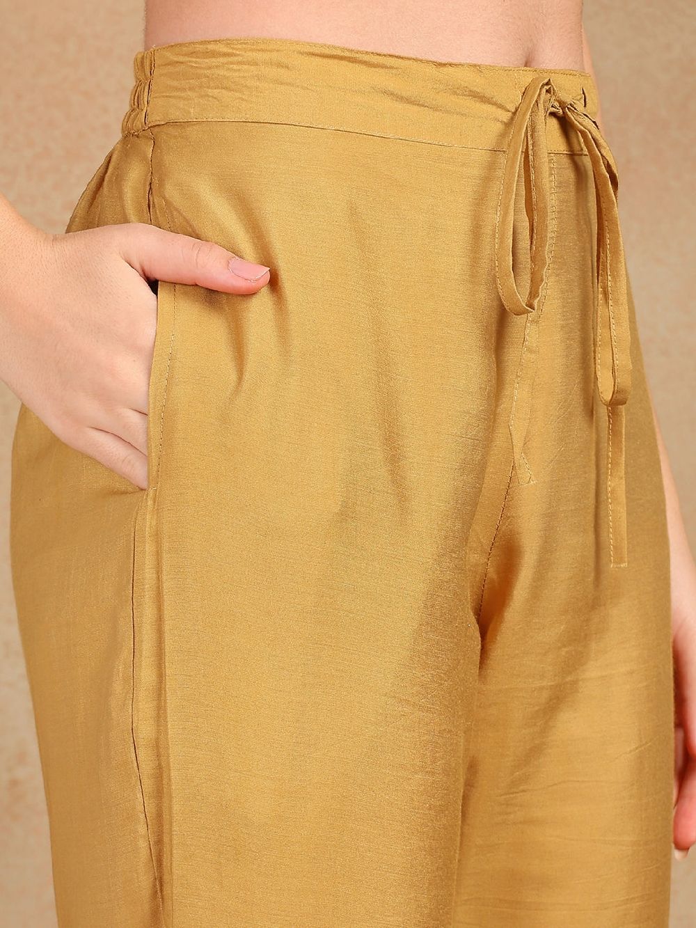 Gold Silk Blend Solid Embroidered Straight Kurta Trouser With Dupatta