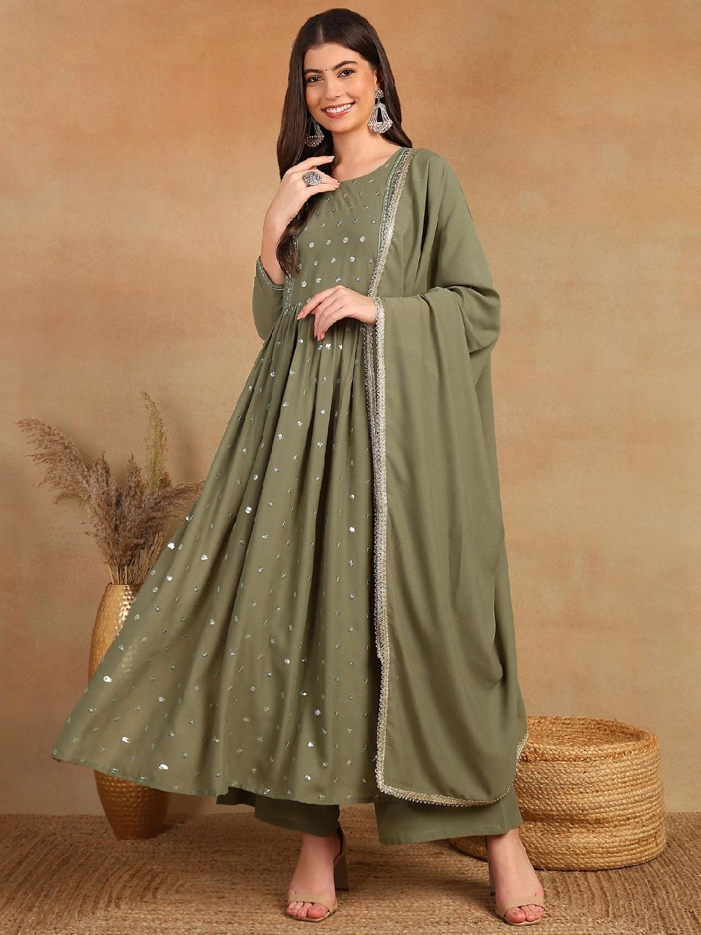 Olive Georgette Solid Embroidered Straight Kurta Palazzo With Dupatta