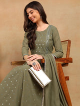 Olive Georgette Solid Embroidered Straight Kurti Palazzo With Dupatta