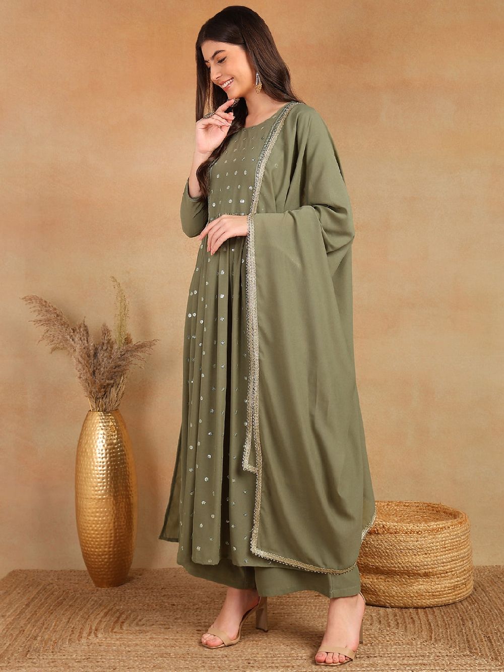 Olive Georgette Solid Embroidered Straight Kurti Palazzo With Dupatta