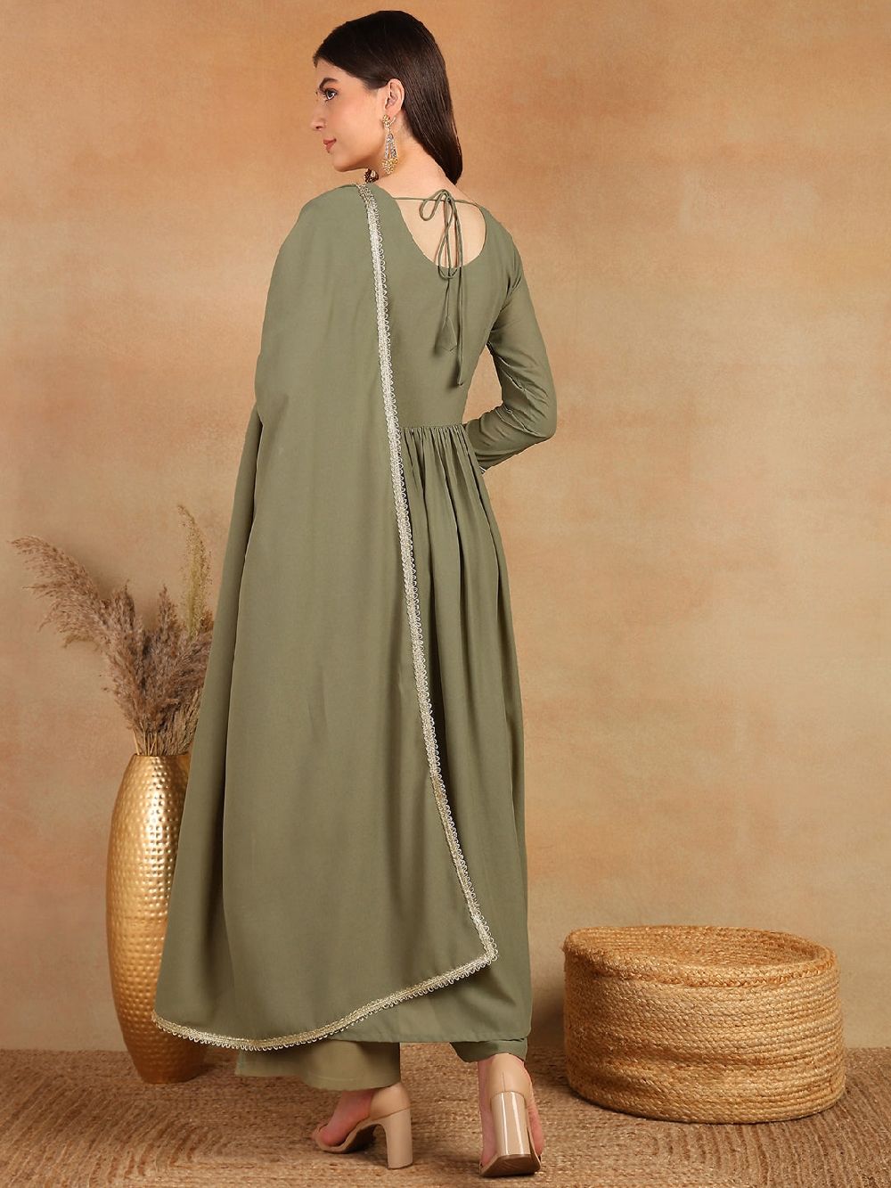 Olive Georgette Solid Embroidered Straight Kurta Palazzo With Dupatta