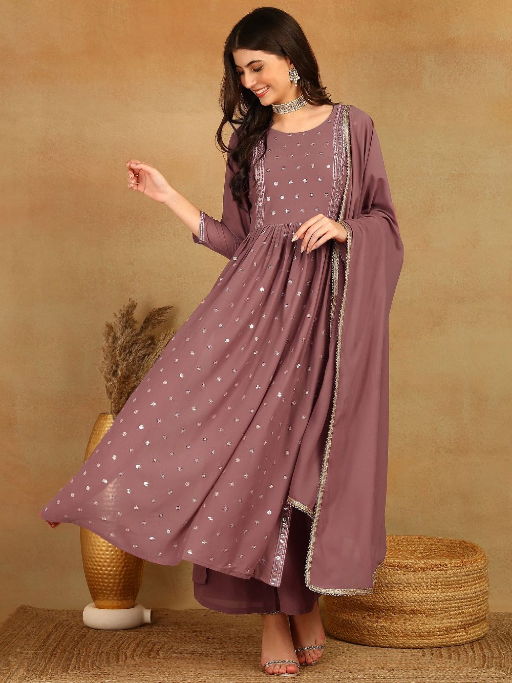 Mauve Georgette Solid Embroidered Straight Kurti Palazzo With Dupatta