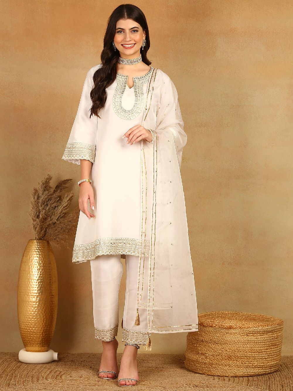 White Silk Blend Solid Embroidered A-Line Kurta Trouser With Dupatta