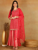 Pink Georgette Solid Embroidered Straight Kurta Palazzo With Dupatta